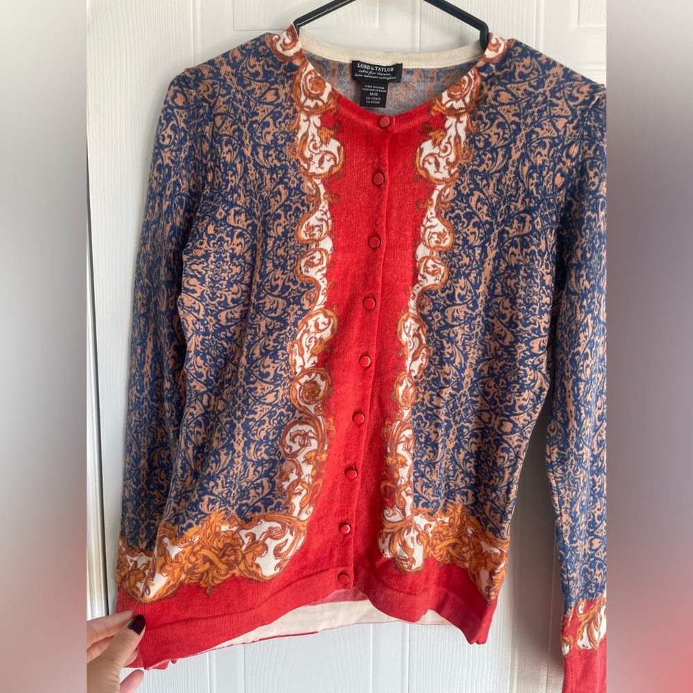 Red Cardigan Lord & Taylor Merino Wool Baroque Tapestry Sweater Size M Vintage - Picture 7 of 13